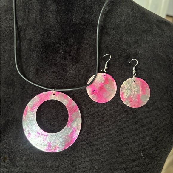 Handcrafted Pink and Silver Circular Pendant Necklace & Earrings Set - Picture 4 of 5